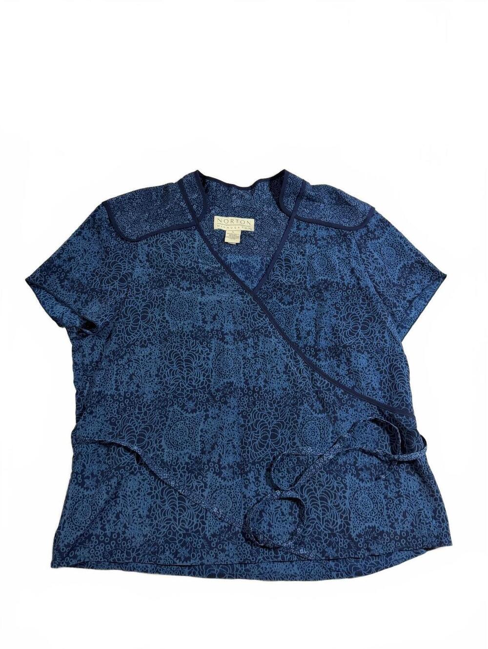 Norton McNaughton Blue Asian Inspired Blue Short Sleeve Blouse Tie Back Size L